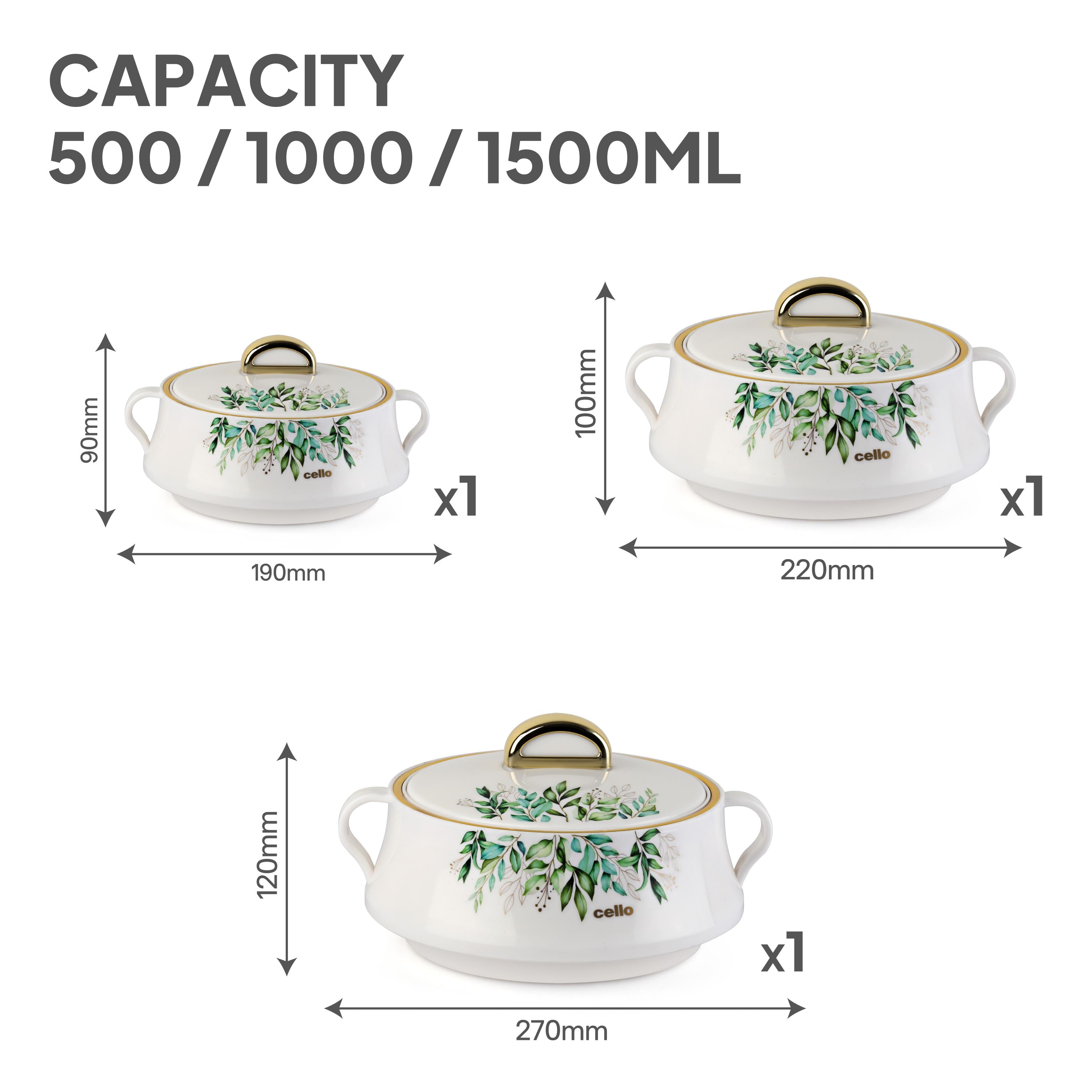 Midas Insulated Casserole Set of 3, 500ml+1000ml+1500ml White / 500ml+1000ml+1500ml