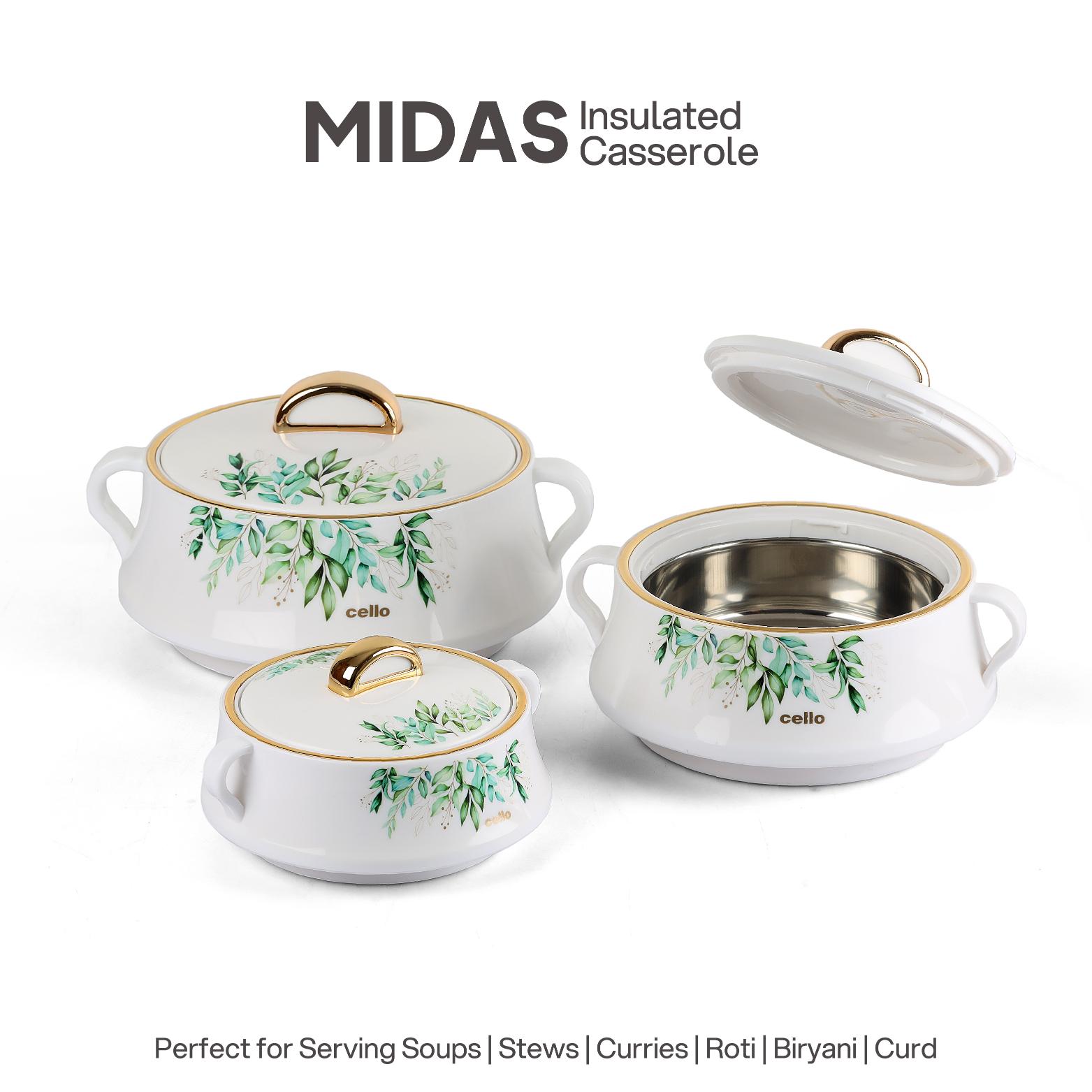 Midas Insulated Casserole Set of 3, 500ml+1000ml+1500ml White / 500ml+1000ml+1500ml
