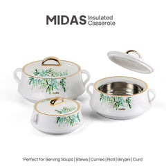 Midas Insulated Casserole Set of 3, 500ml+1000ml+1500ml White / 500ml+1000ml+1500ml