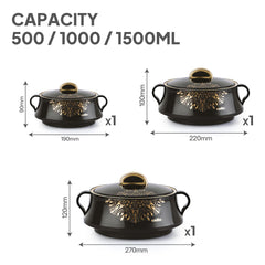 Midas Insulated Casserole Set of 3, 500ml+1000ml+1500ml Black / 500ml+1000ml+1500ml