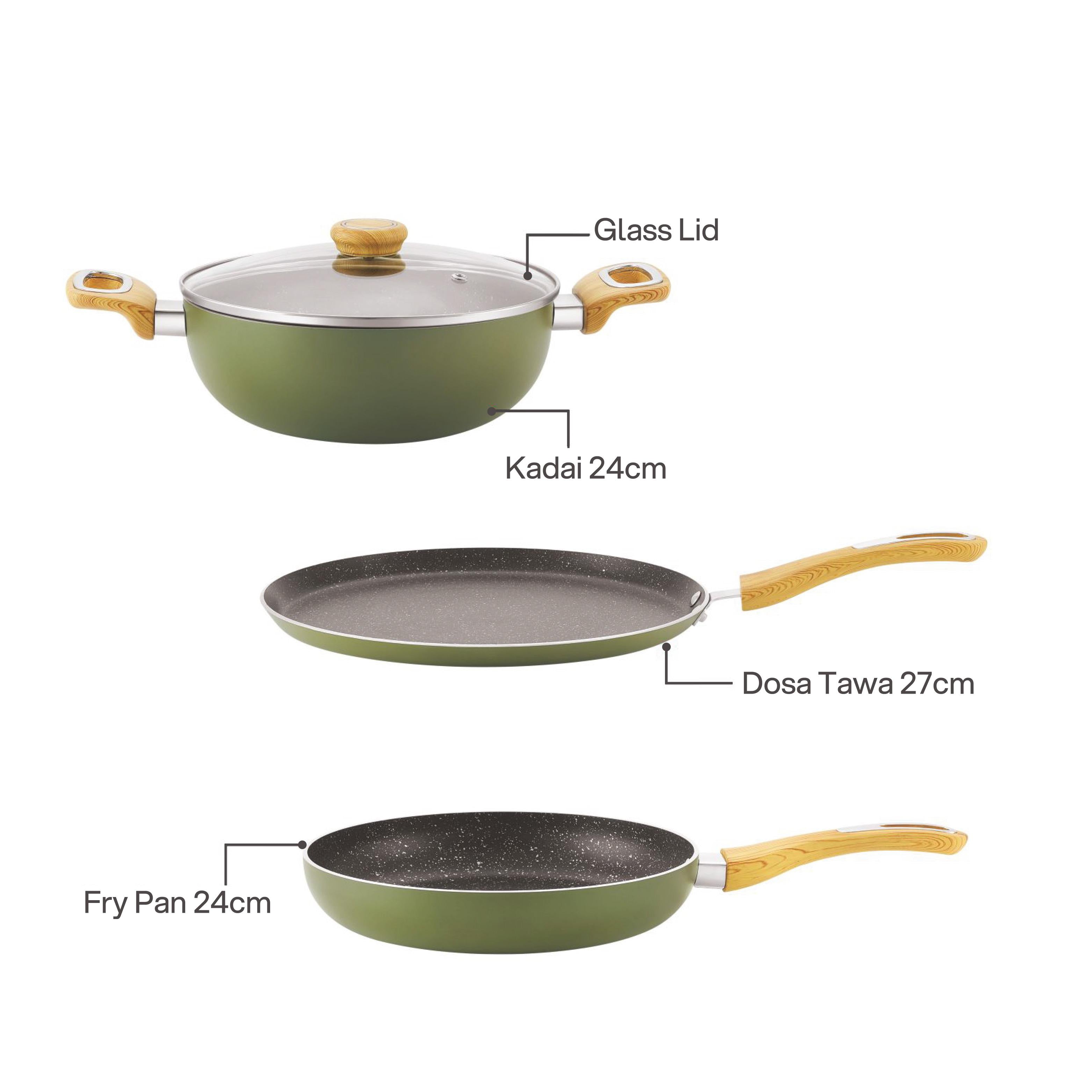 Woody Non-Stick Cookware Set Induction Base, 4 Pc Green