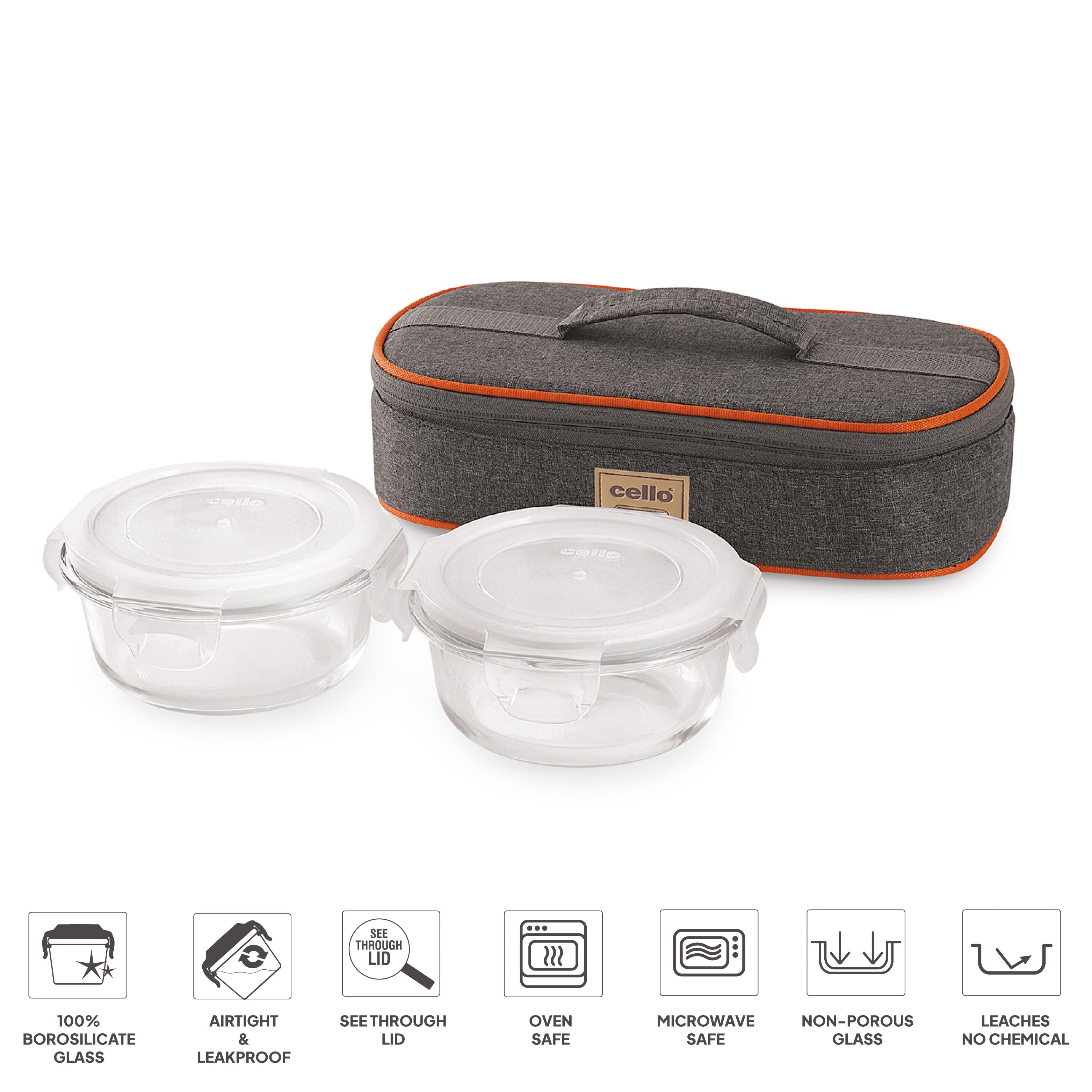 Royale Borosilicate Glass Lunch Boxes, Set of 2, Horizontal Jacket Round