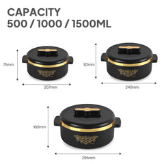 Exotic Insulated Casserole Black / 3 Pc Set (500ml, 1000ml, 1500ML)