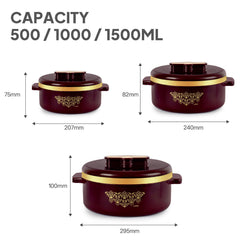 Exotic Insulated Casserole, Set of 3, 500ml+1000ml+1500ml Brown / 500ml+1000ml+1500ml