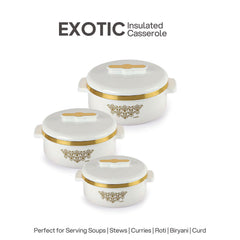 Exotic Insulated Casserole, Set of 3, 500ml+1000ml+1500ml White / 500ml+1000ml+1500ml