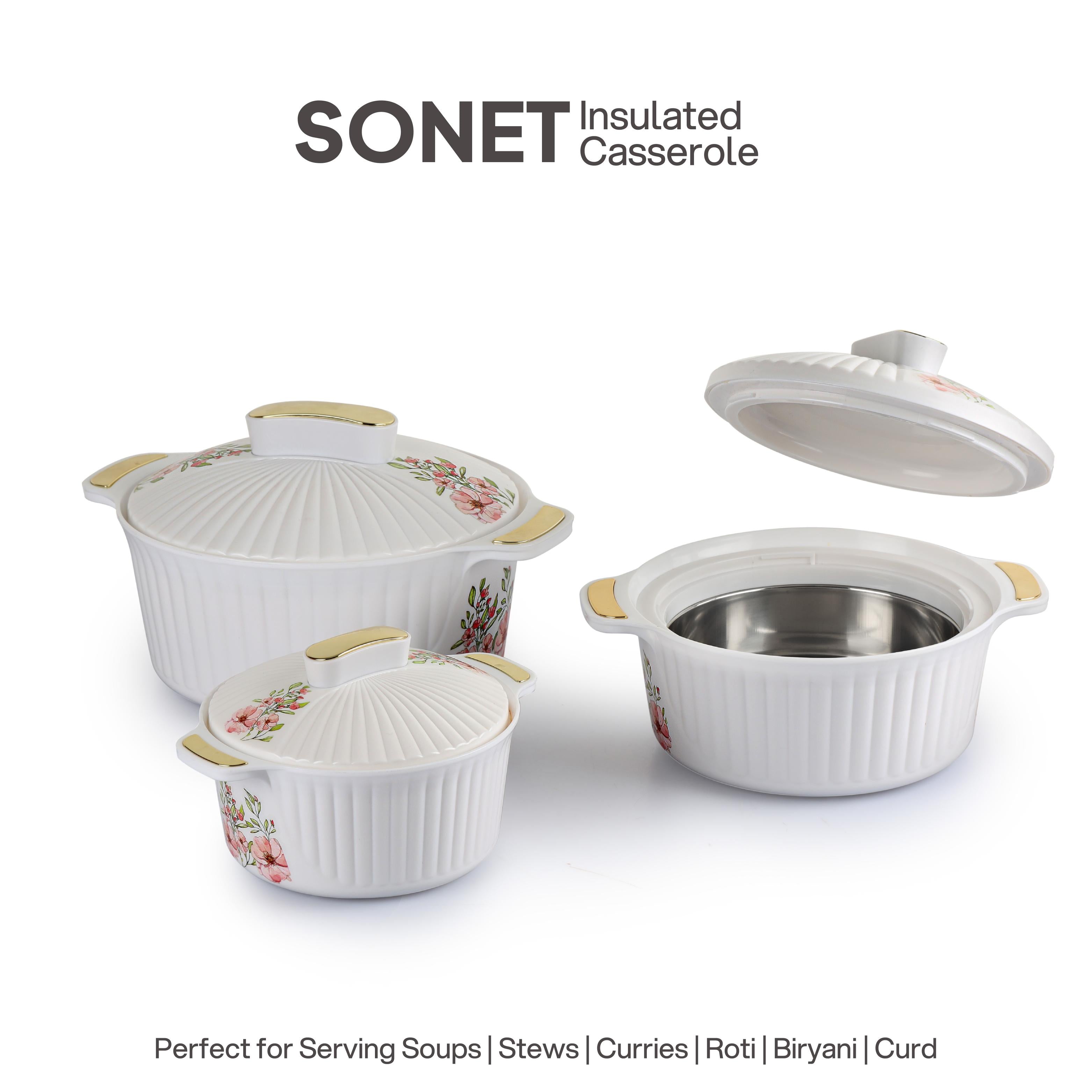 Sonet Insulated Casserole, Set of 3, 500ml+1000ml+1500ml White / 500ml+1000ml+1500ml