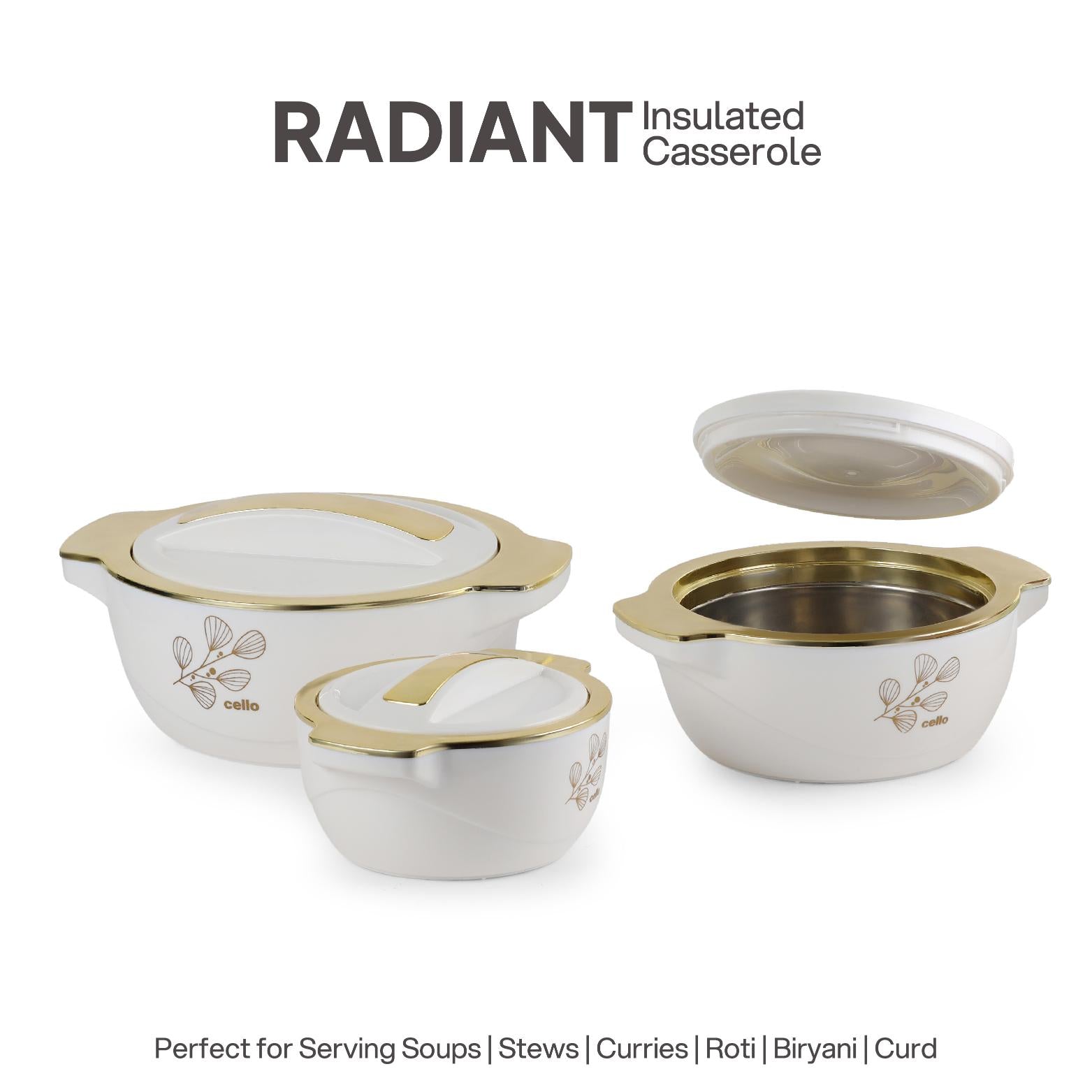 Radiant Insulated Casserole, Set of 3, 500ml+1000ml+1500ml White / 500ml+1000ml+1500ml