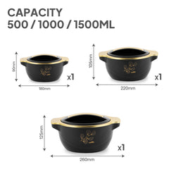 Radiant Insulated Casserole, Set of 3, 500ml+1000ml+1500ml Black / 500ml+1000ml+1500ml