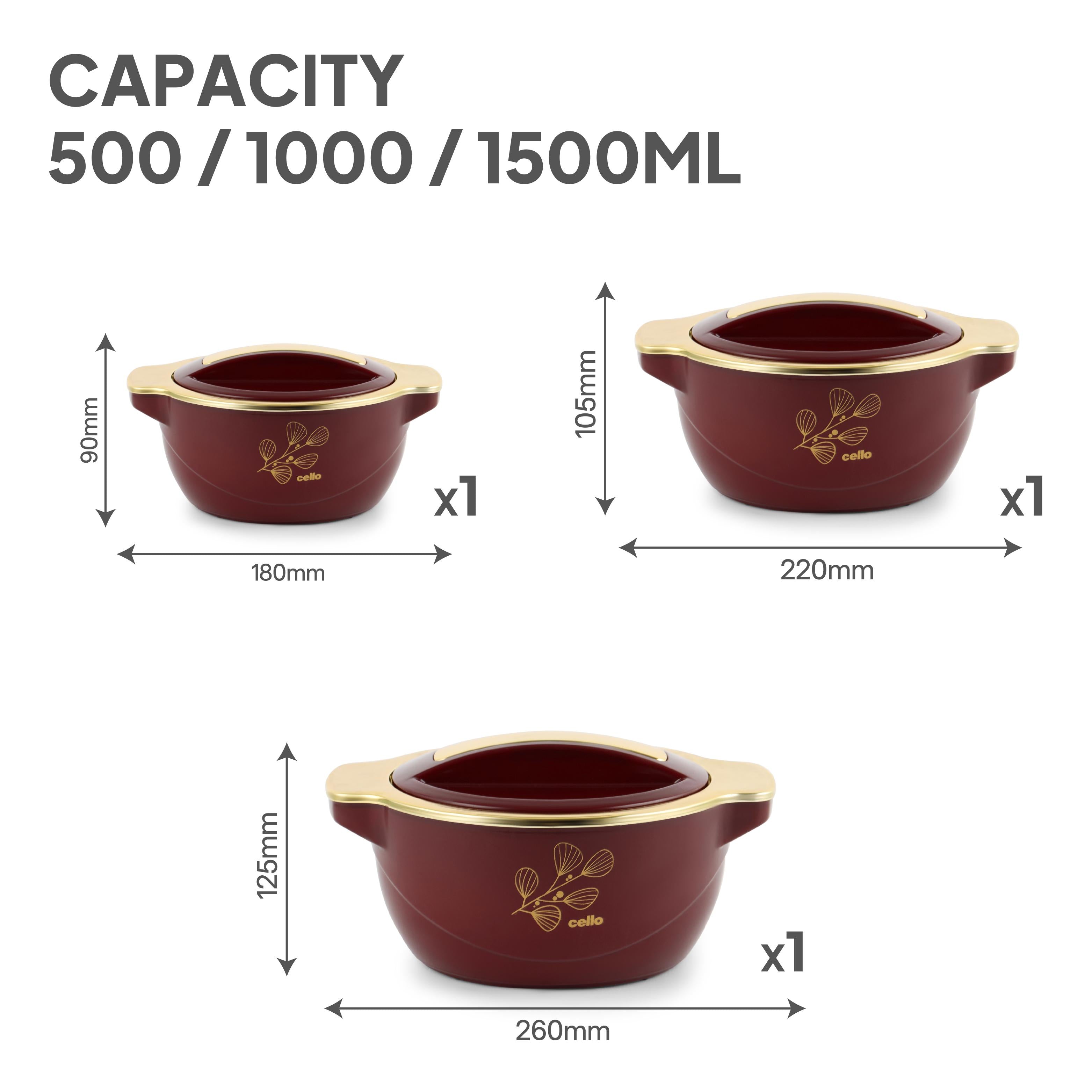 Radiant Insulated Casserole, Set of 3, 500ml+1000ml+1500ml Burgandy / 500ml+1000ml+1500ml