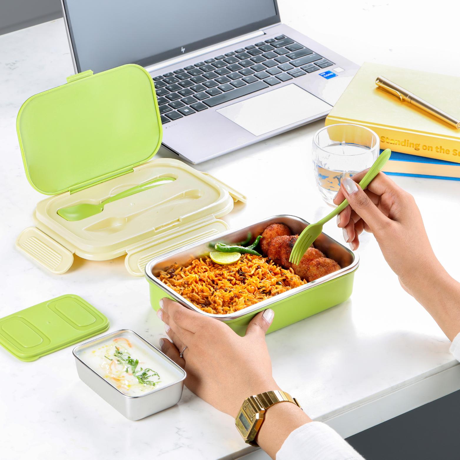 Mac Insulated Inner Steel Lunch Box with Fork and Spoon Green