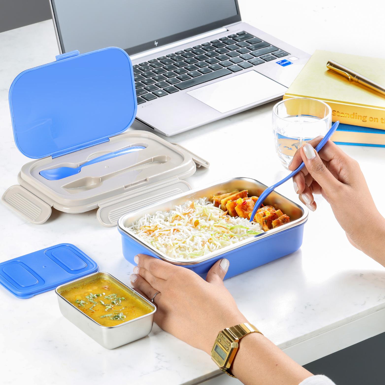 Mac Insulated Inner Steel Lunch Box with Fork and Spoon Blue