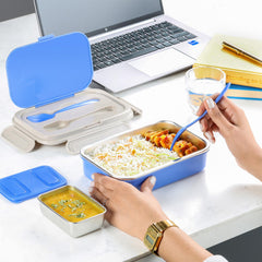 Mac Insulated Inner Steel Lunch Box with Fork and Spoon Blue