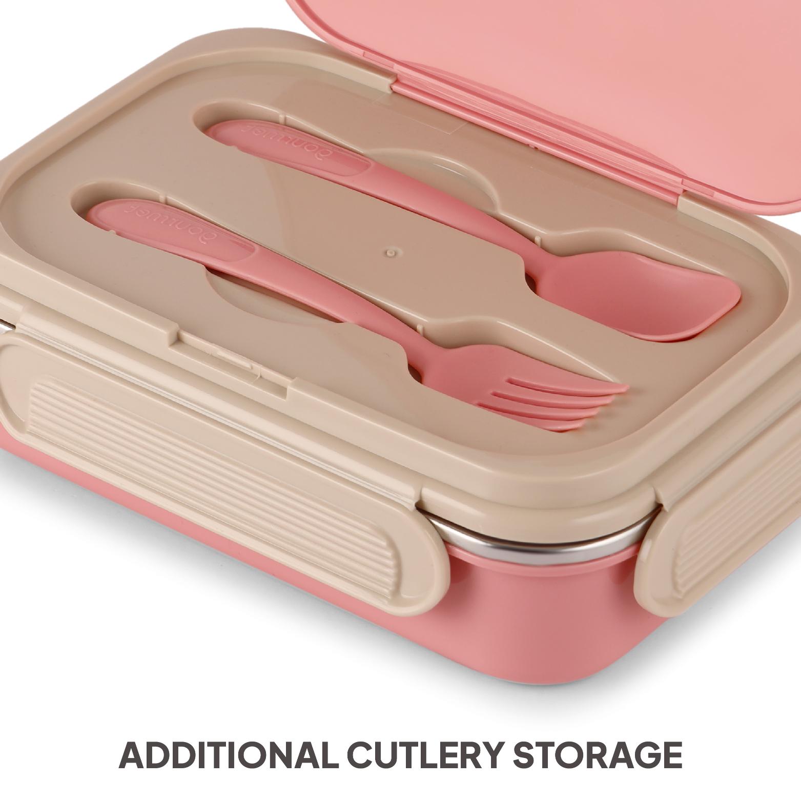 Mac Insulated Inner Steel Lunch Box with Fork and Spoon Pink