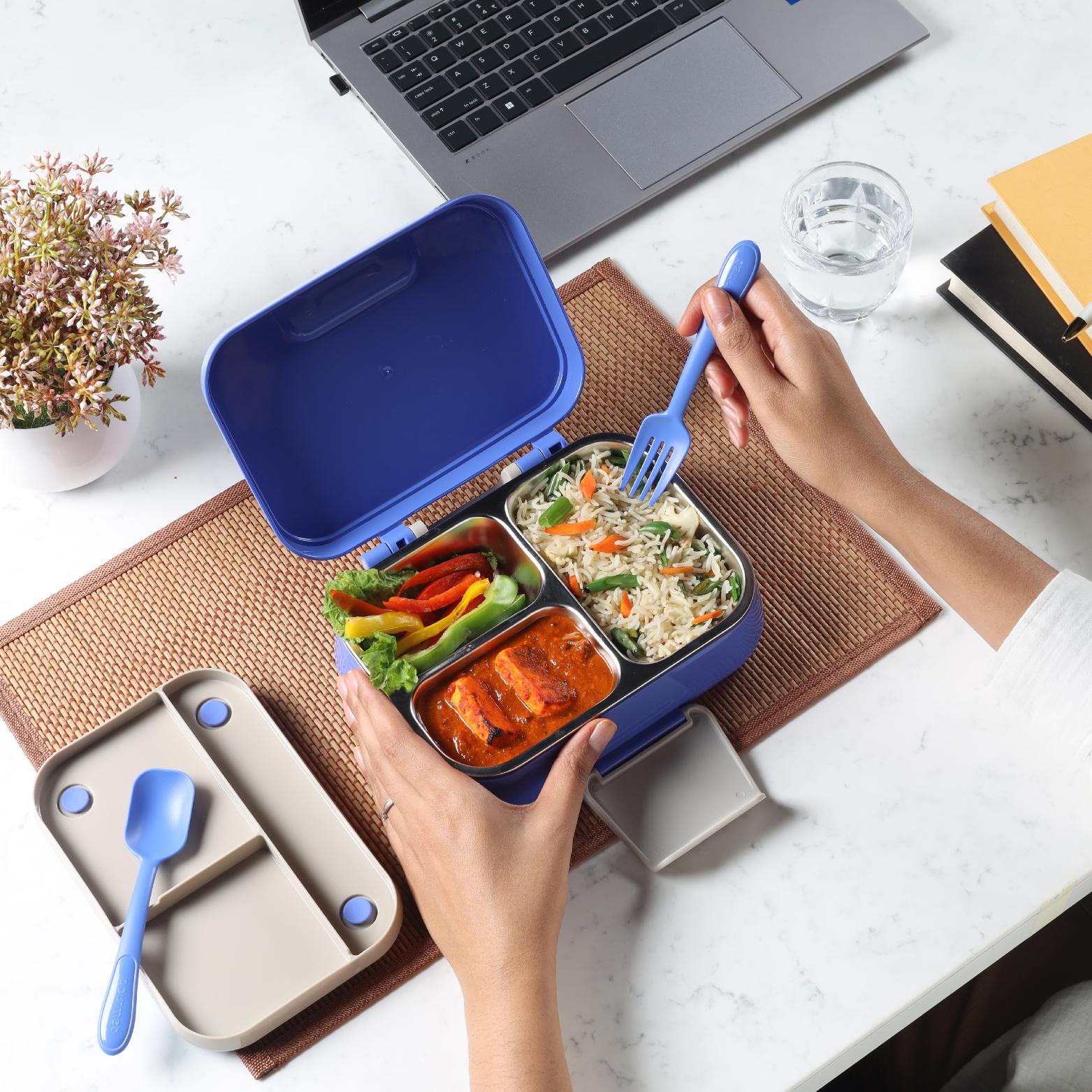 Pioneer Insulated Inner Steel Lunch Box with Fork and Spoon Blue