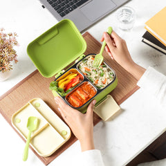 Pioneer Insulated Inner Steel Lunch Box with Fork and Spoon Green