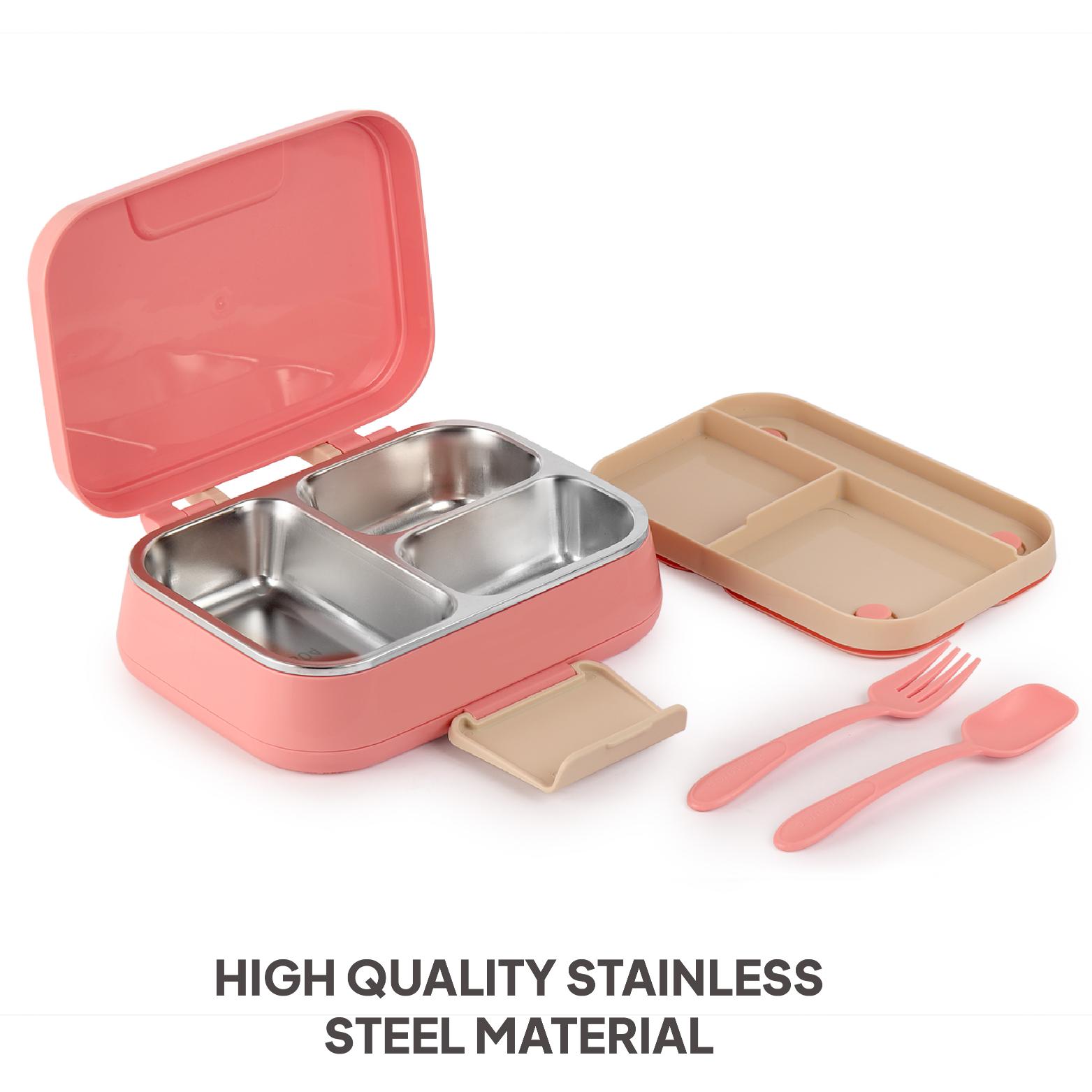 Pioneer Insulated Inner Steel Lunch Box with Fork and Spoon Pink