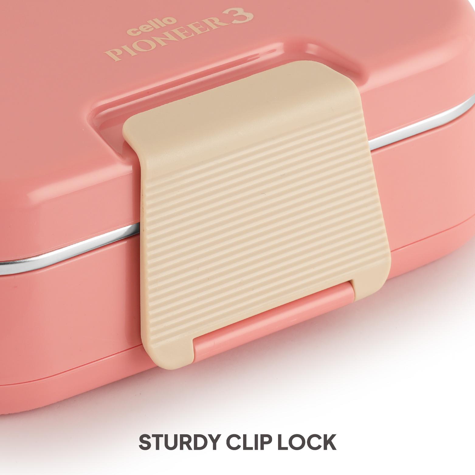 Pioneer Insulated Inner Steel Lunch Box with Fork and Spoon Pink