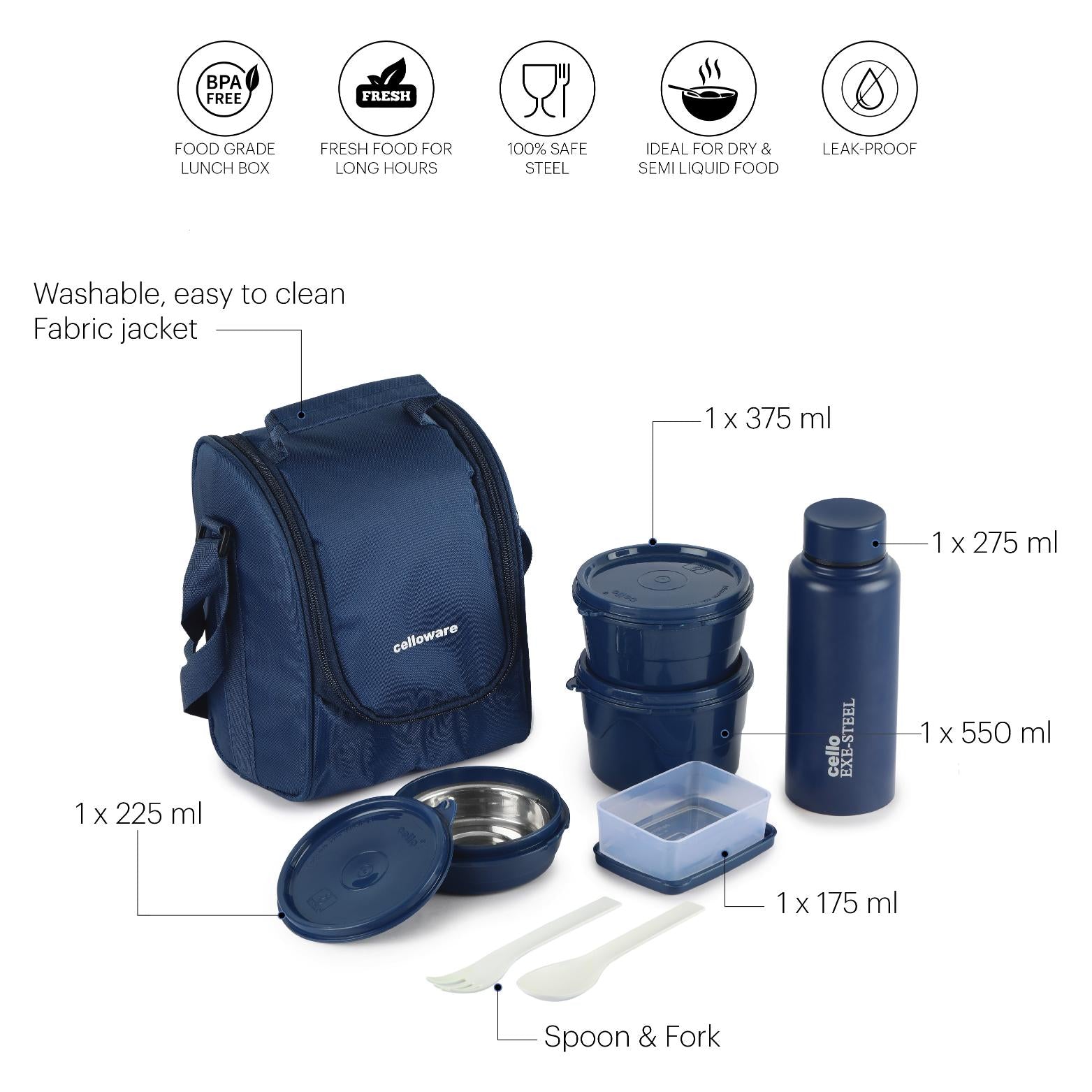 All In One Insulated Inner Steel Lunch Box, Set of 5, Blue Blue