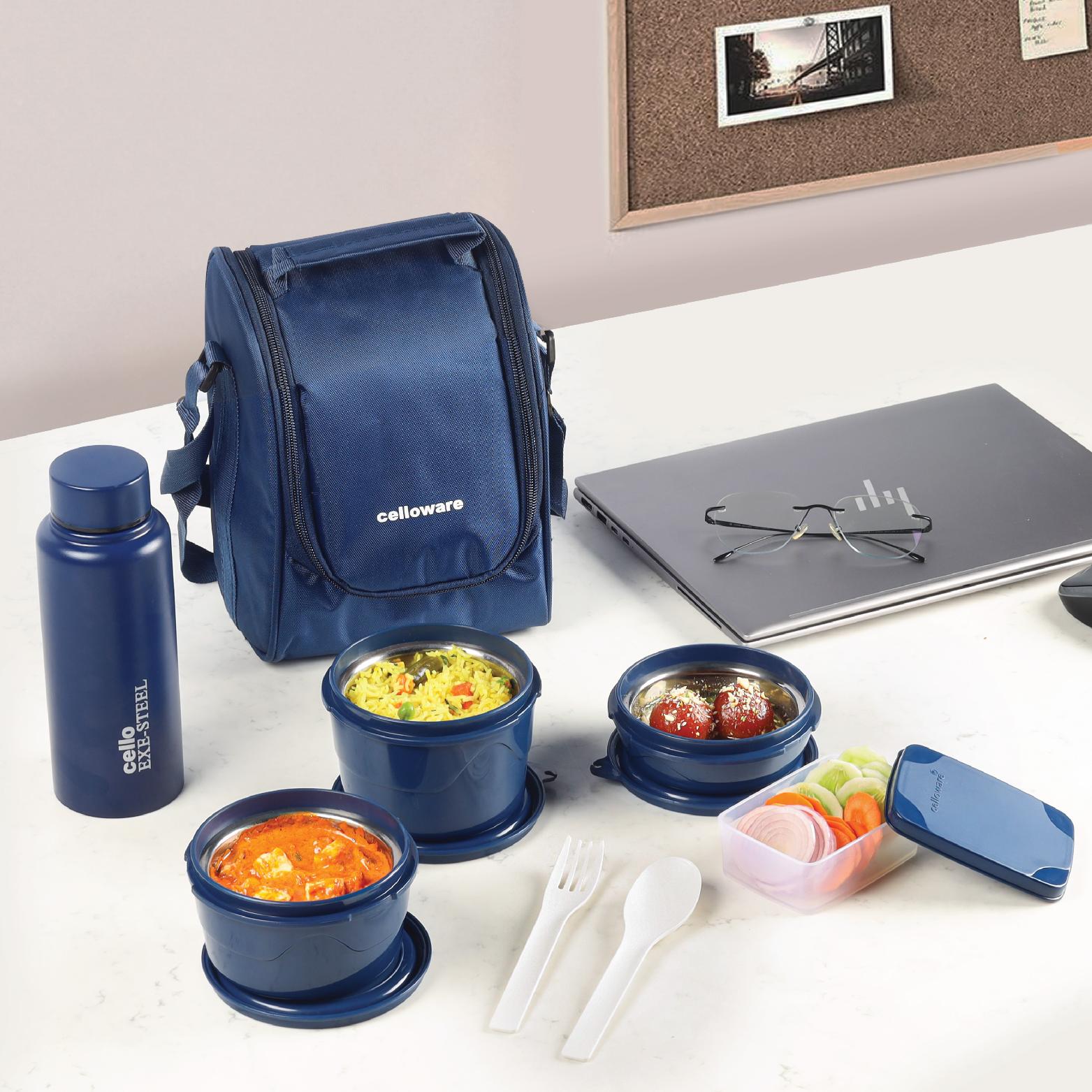All In One Insulated Inner Steel Lunch Box, Set of 5, Blue Blue