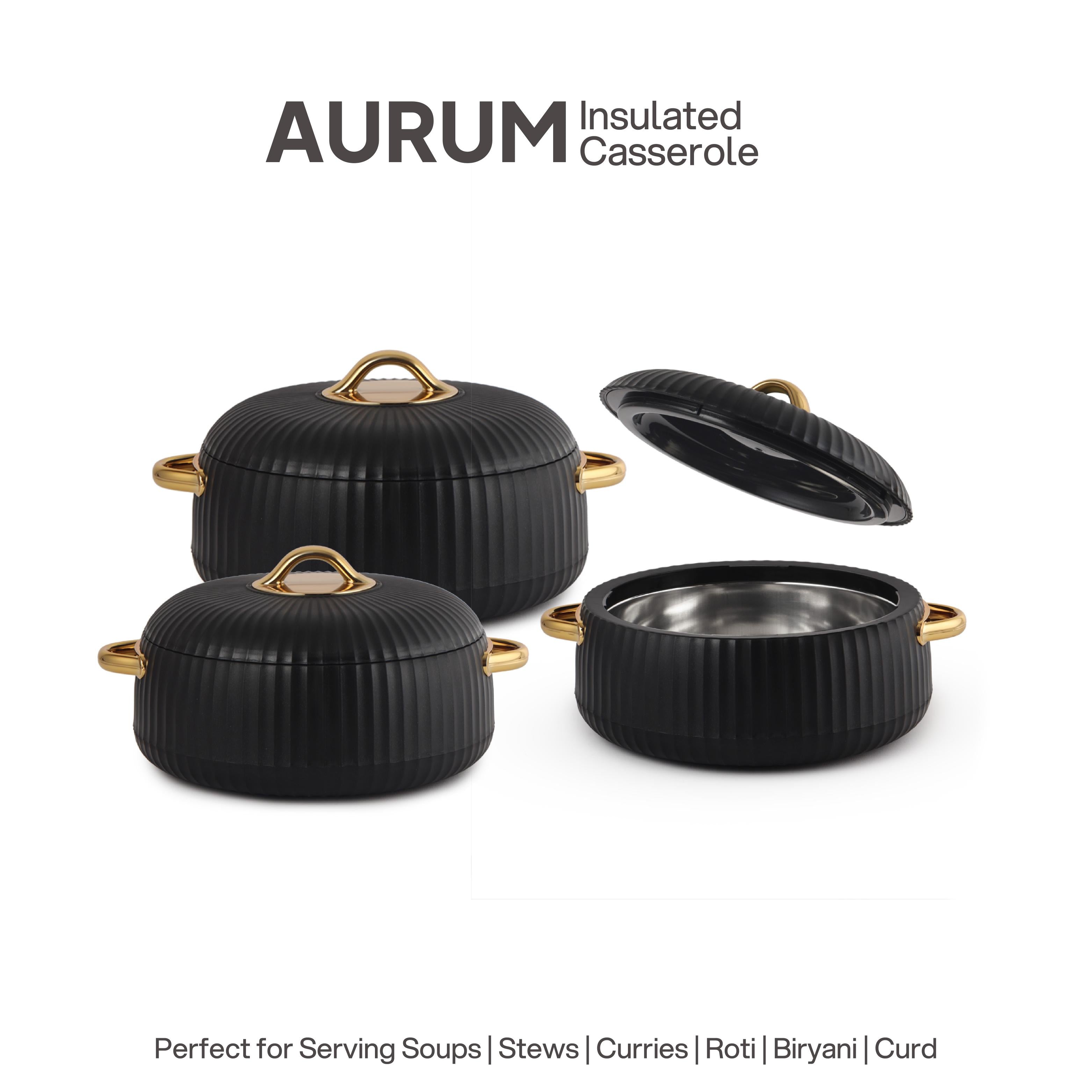 Aurum Insulated Casserole, Set of 3, 1000ml+1000ml+1500ml Black / 1000ml+1000ml+1500ml