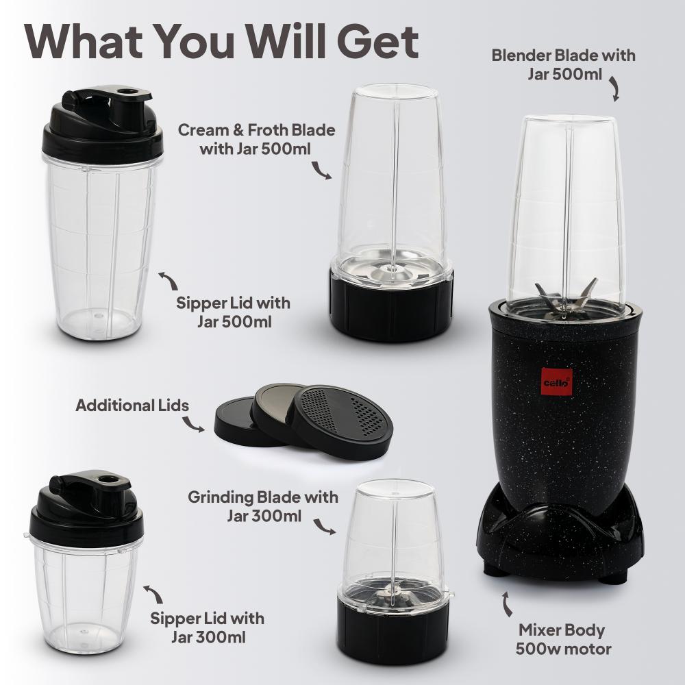 Frutomix Nutri Blend Pro, 500W Multi-Purpose Blender Black, Set of 6 500