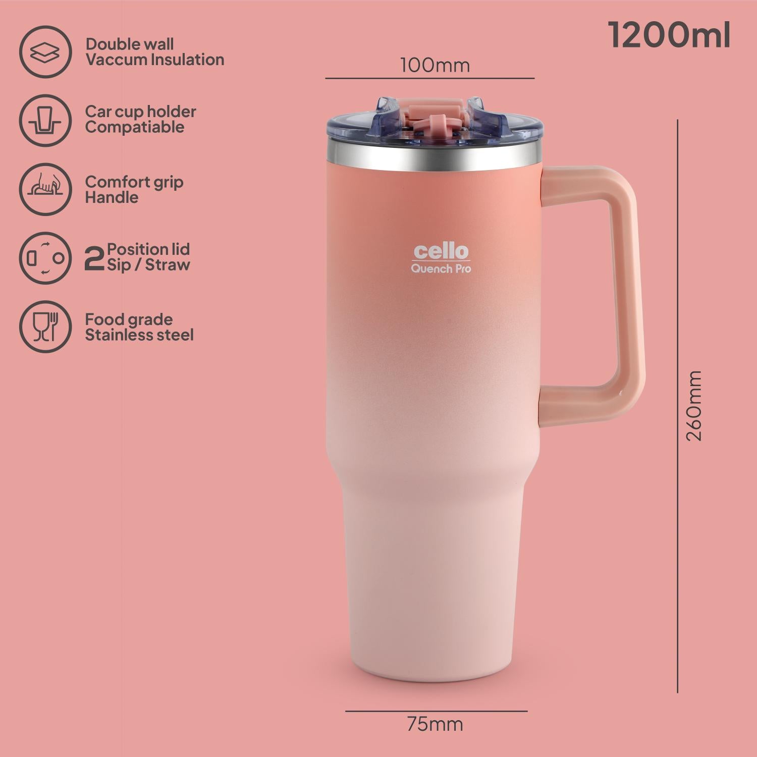 Quench Pro 1200 Insulated Travel Tumbler with Handle, Lid & Straw Blush Peach / 1200ml