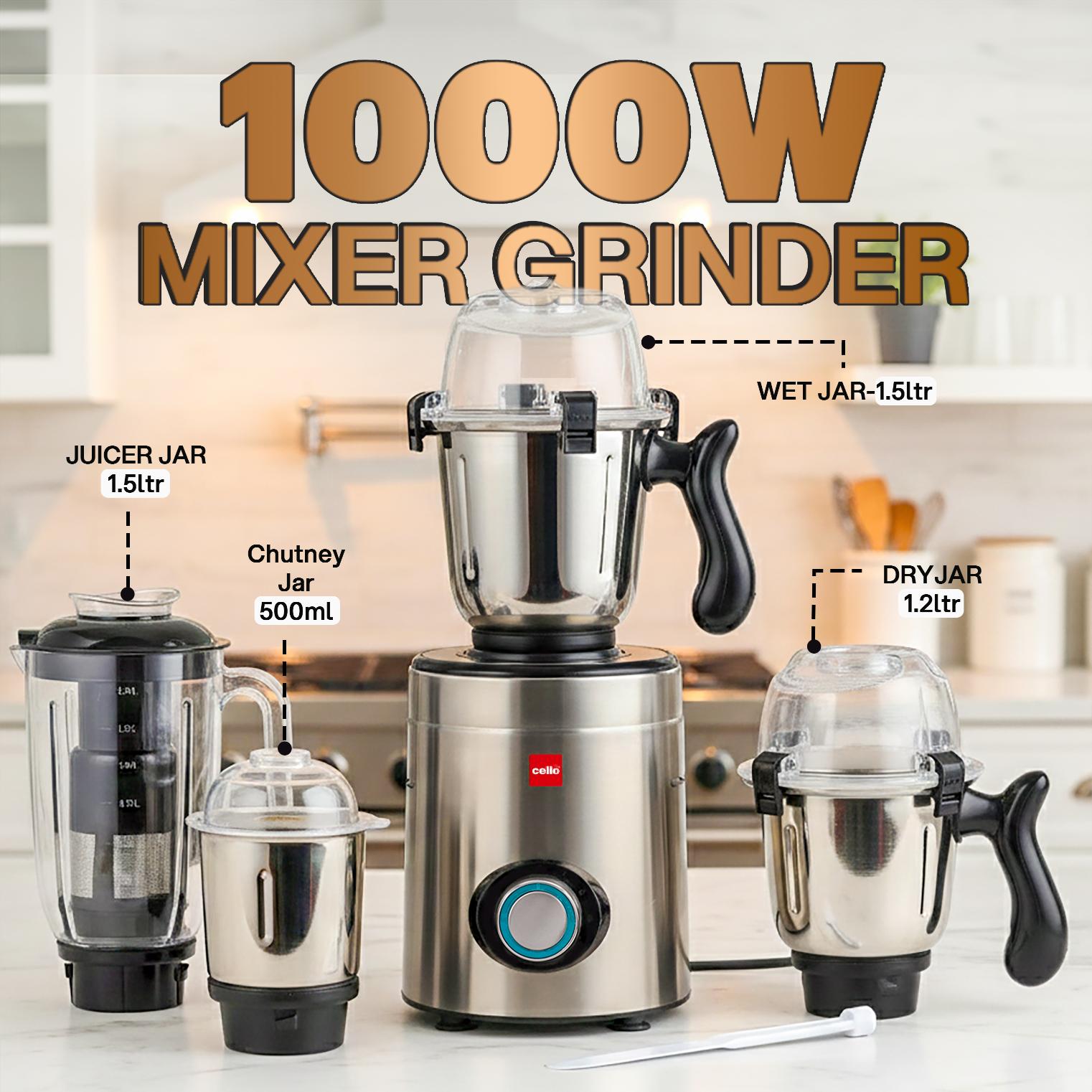 Steelox Pro 1000W Mixer Grinder with 3 Stainless Steel Jars, 1.5L Juicer Jar with 5-Year Warranty 1000