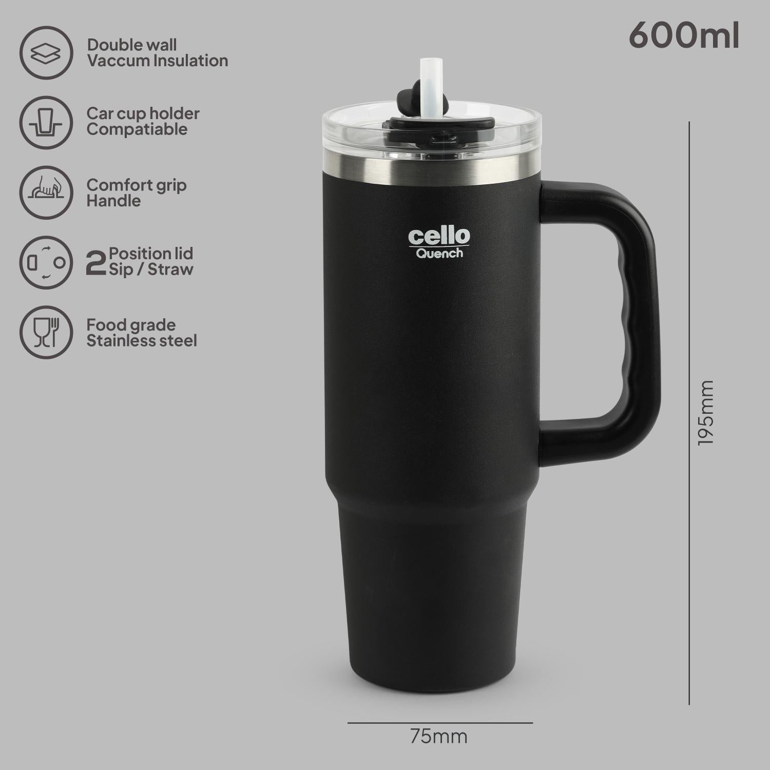 Quench 600 Insulated Travel Tumbler with Handle, Lid & Straw Black / 600ml