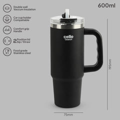 Quench 600 Insulated Travel Tumbler with Handle, Lid & Straw Black / 600ml