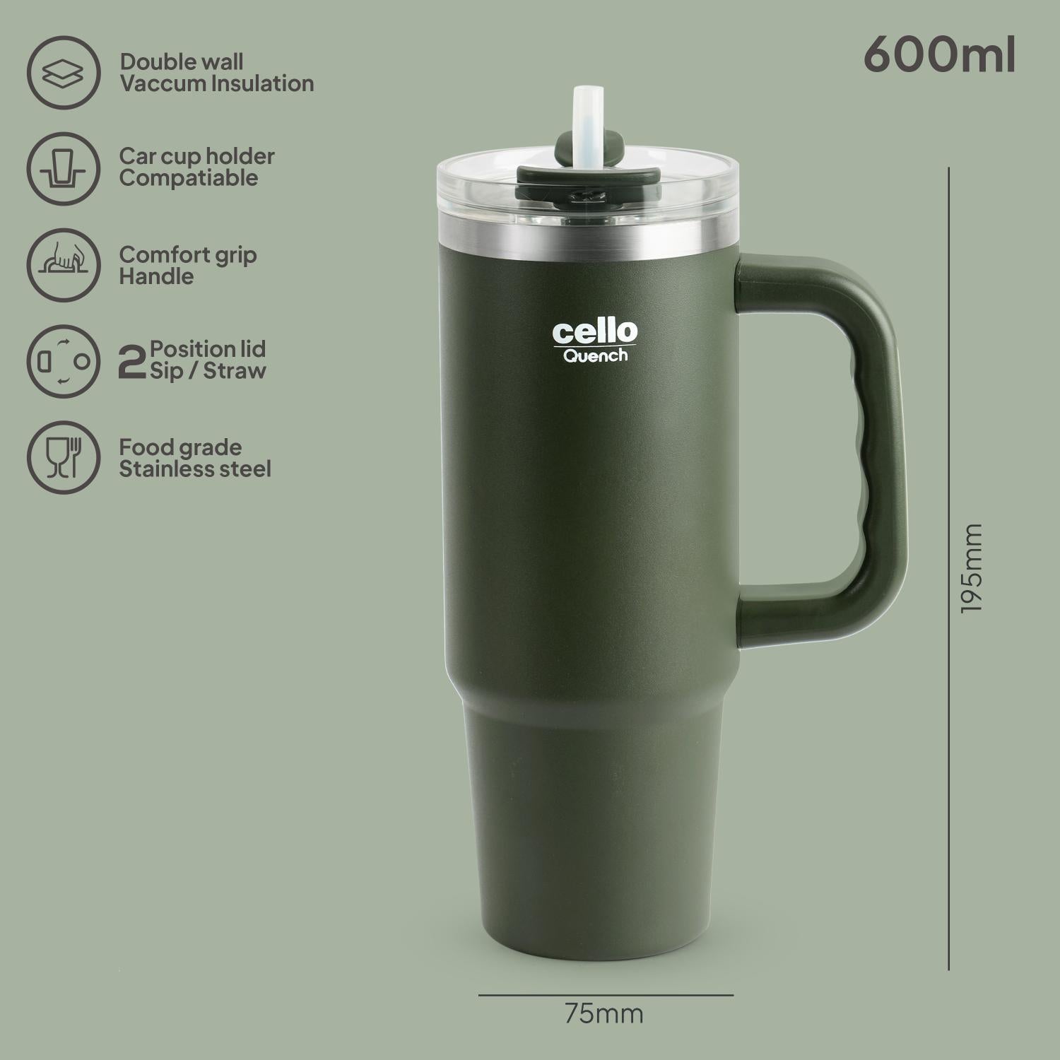 Quench 600 Insulated Travel Tumbler with Handle, Lid & Straw Green / 600ml