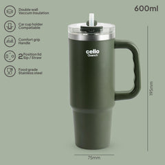 Quench 600 Insulated Travel Tumbler with Handle, Lid & Straw Green / 600ml