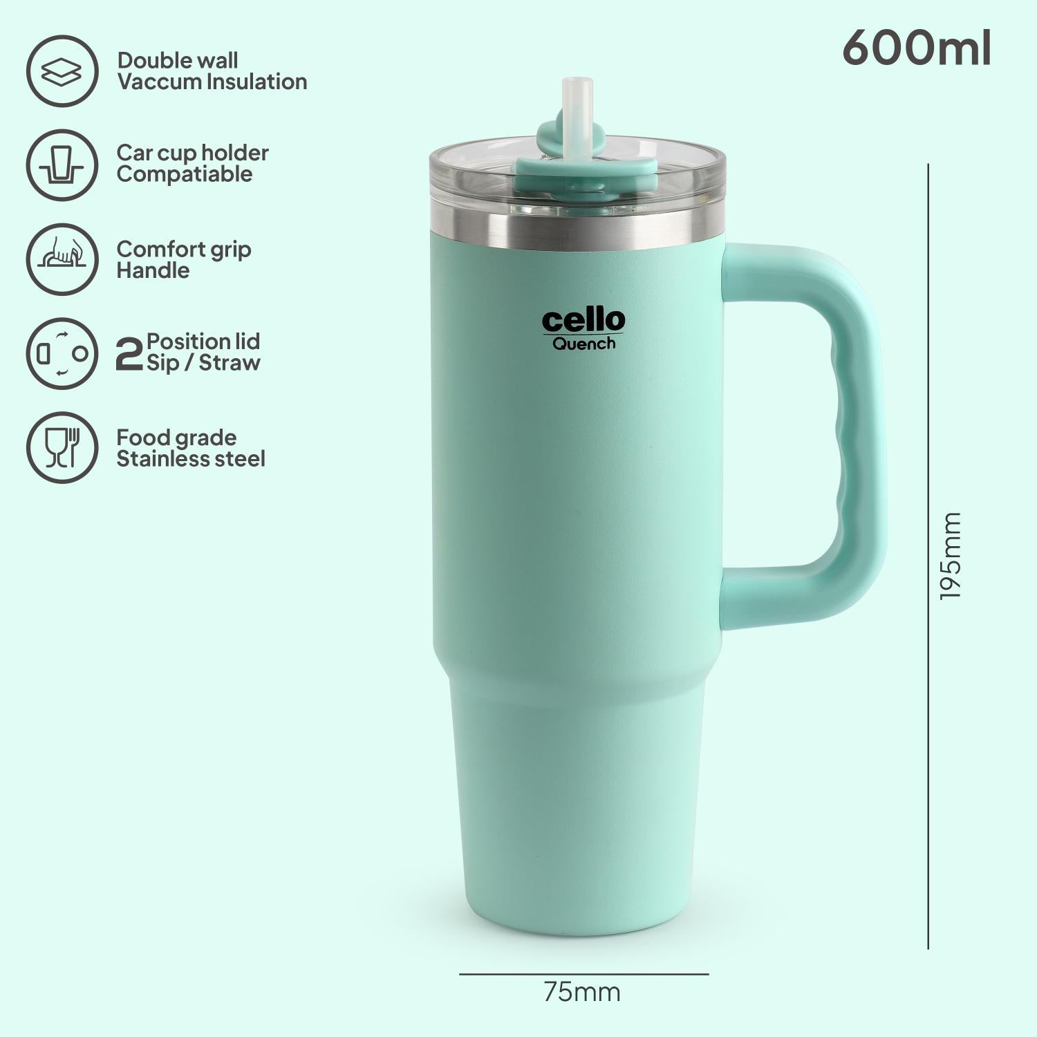 Quench 600 Insulated Travel Tumbler with Handle, Lid & Straw Mint / 600ml