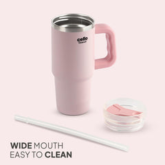 Quench 600 Insulated Travel Tumbler with Handle, Lid & Straw Pink / 600ml
