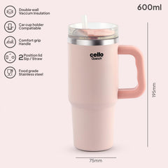 Quench 600 Insulated Travel Tumbler with Handle, Lid & Straw Pink / 600ml