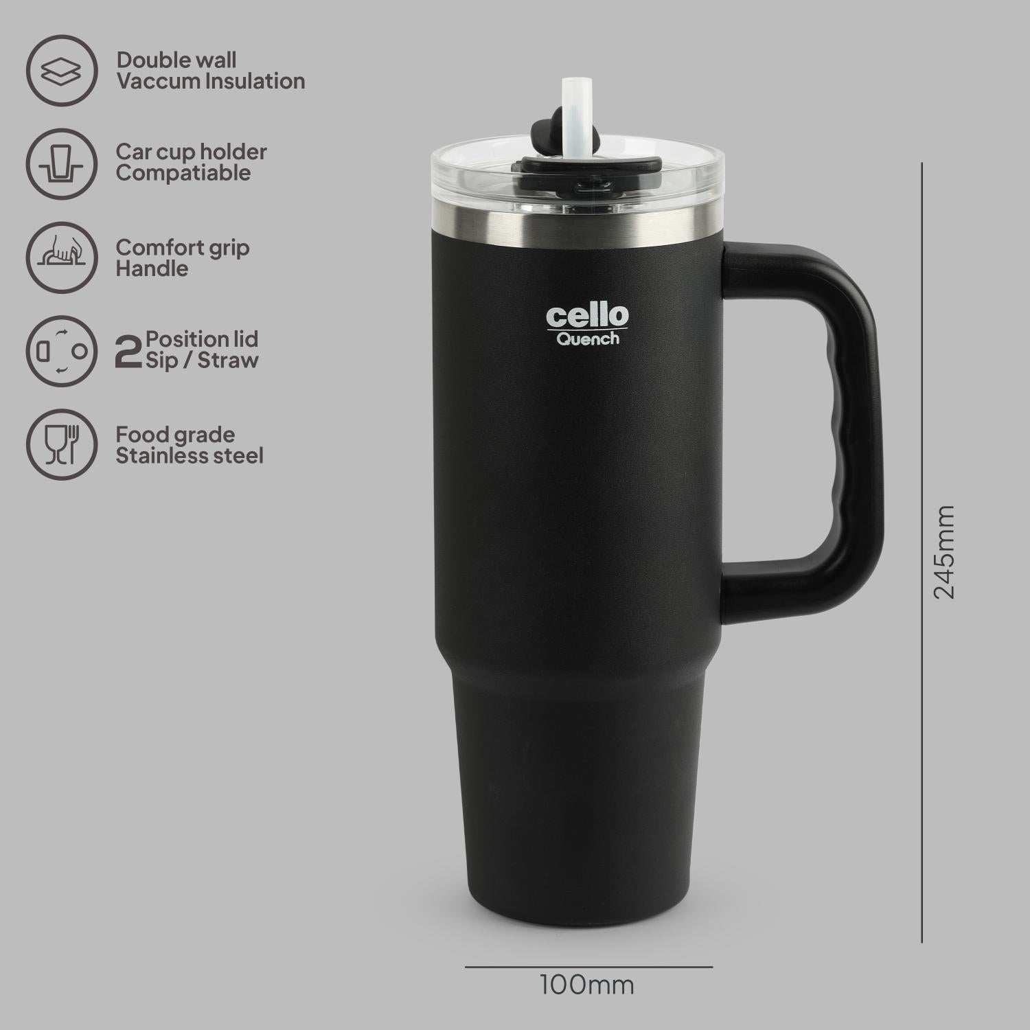 Quench Pro 900 Insulated Travel Tumbler with Handle, Lid & Straw Black / 900ml