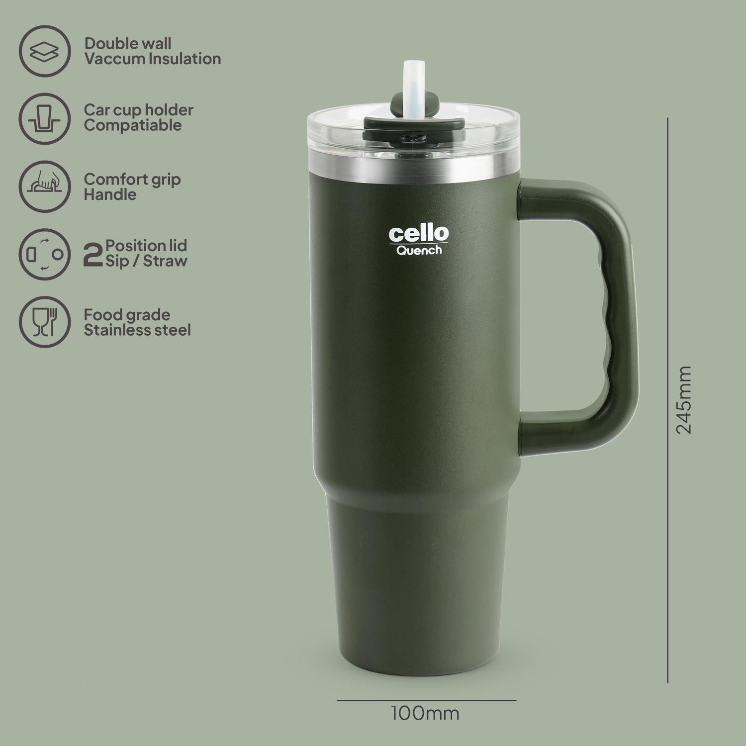 Quench Pro 900 Insulated Travel Tumbler with Handle, Lid & Straw Green / 900ml
