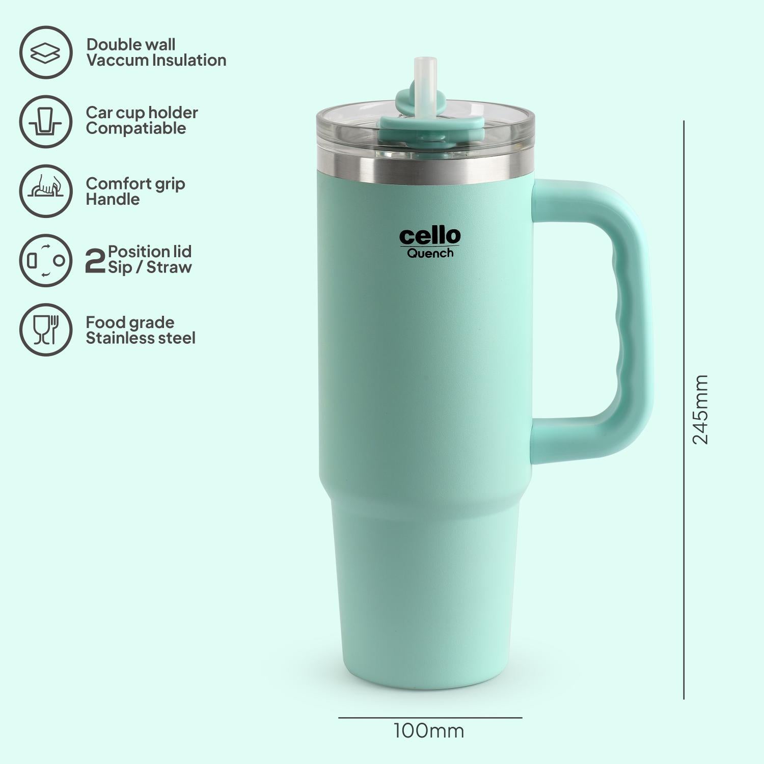 Quench Pro 900 Insulated Travel Tumbler with Handle, Lid & Straw Mint / 900ml