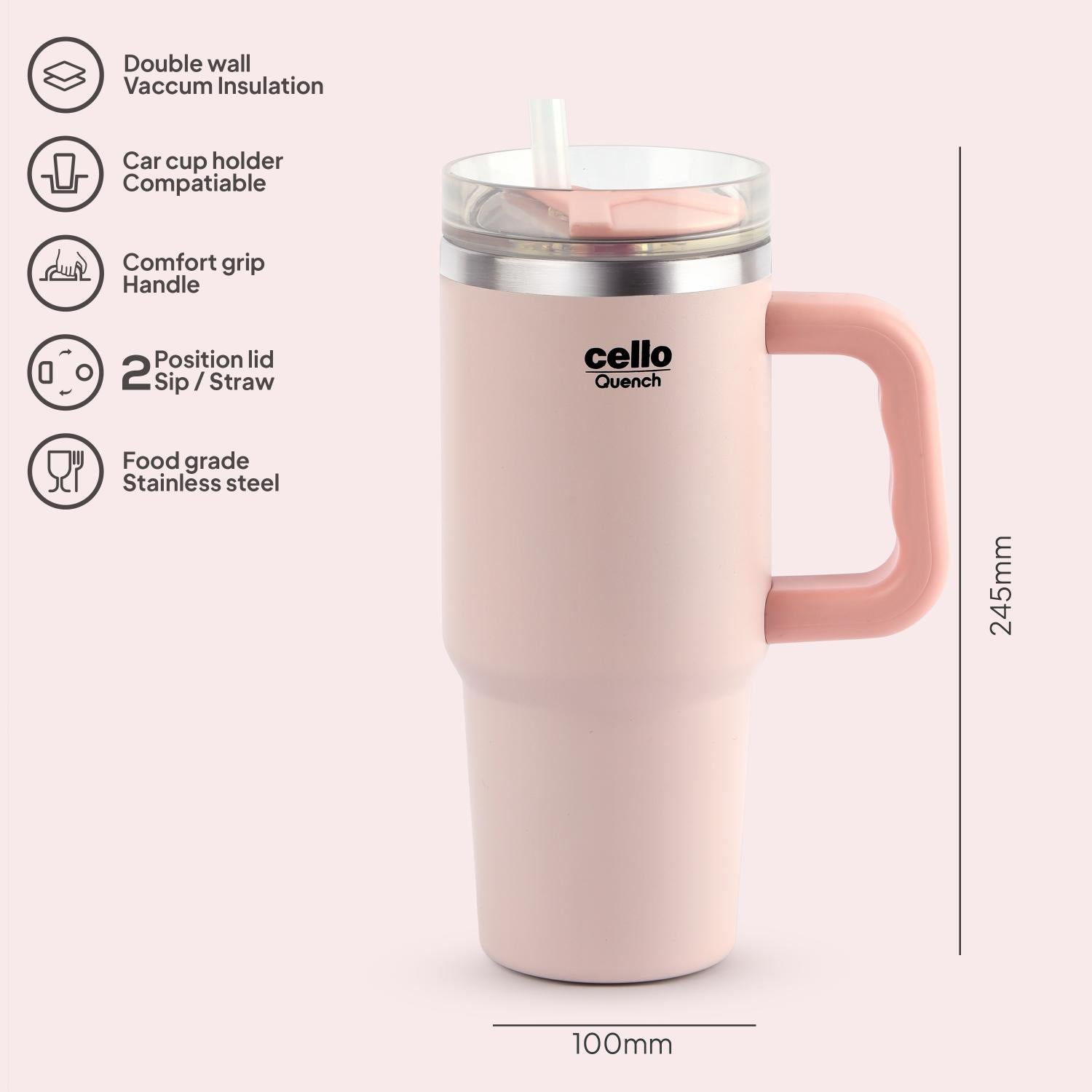Quench Pro 900 Insulated Travel Tumbler with Handle, Lid & Straw Pink / 900ml