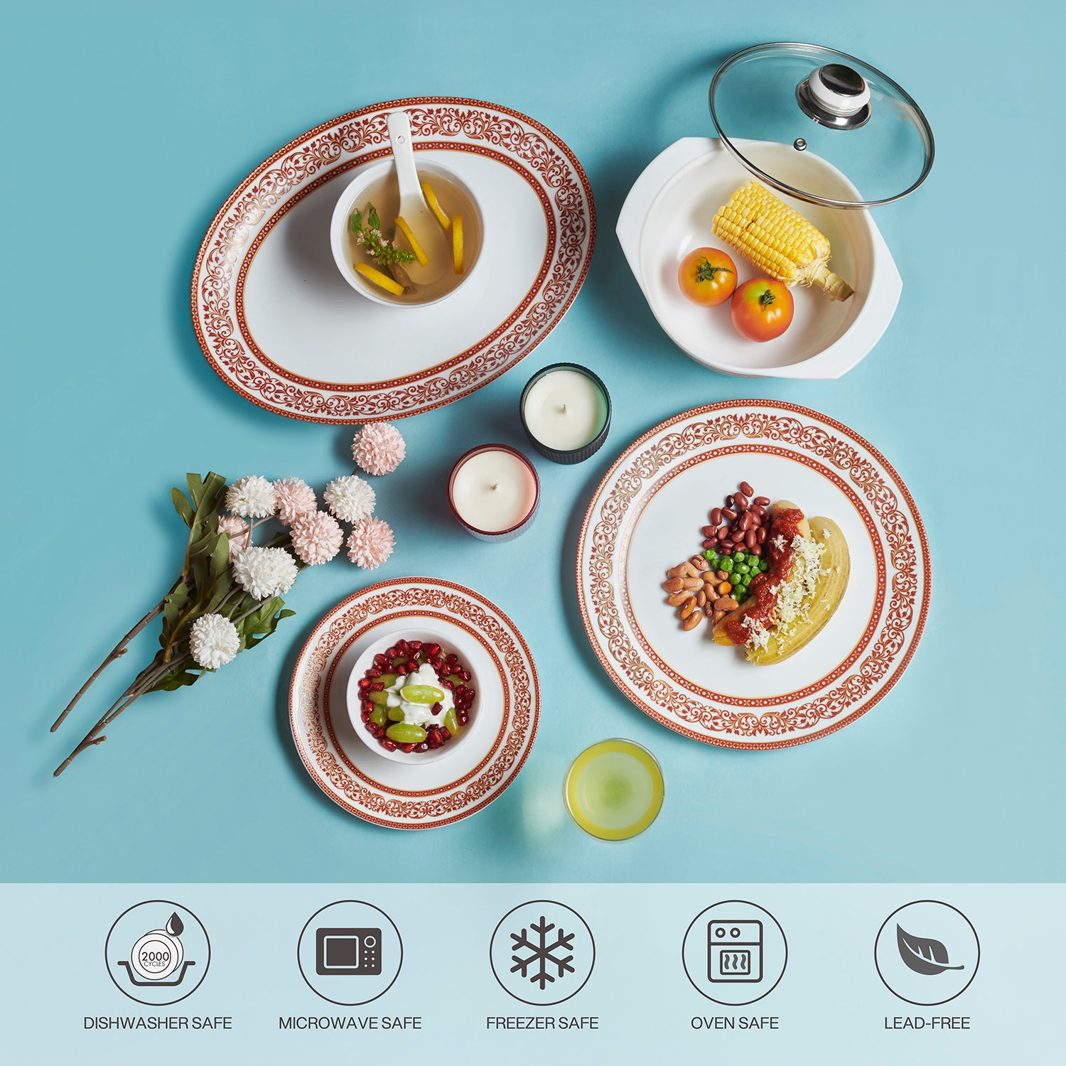 Solitaire Opalware Dinner Set, Rosso 35 Pcs