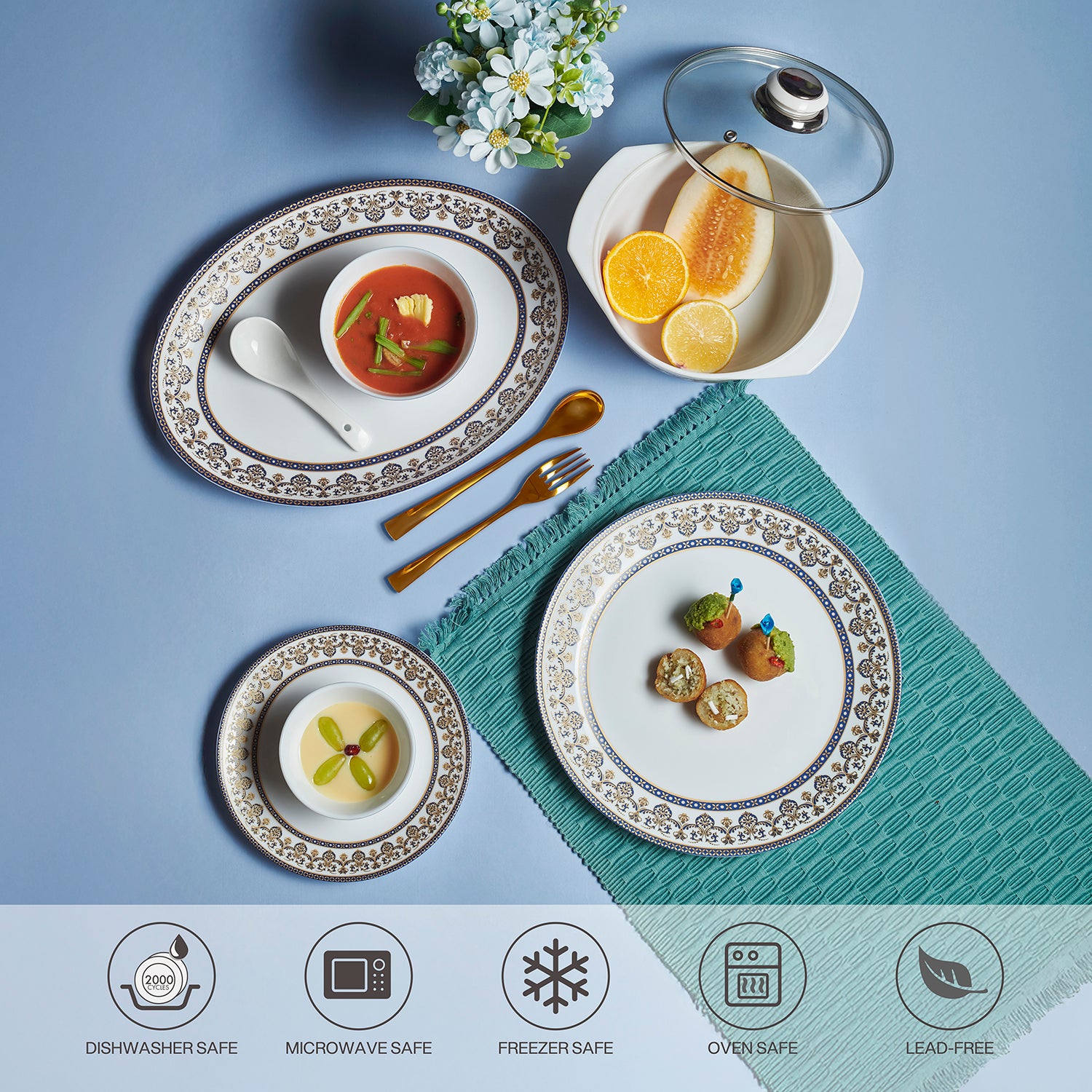 Solitaire Opalware Dinner Set,  Blu 35 Pcs