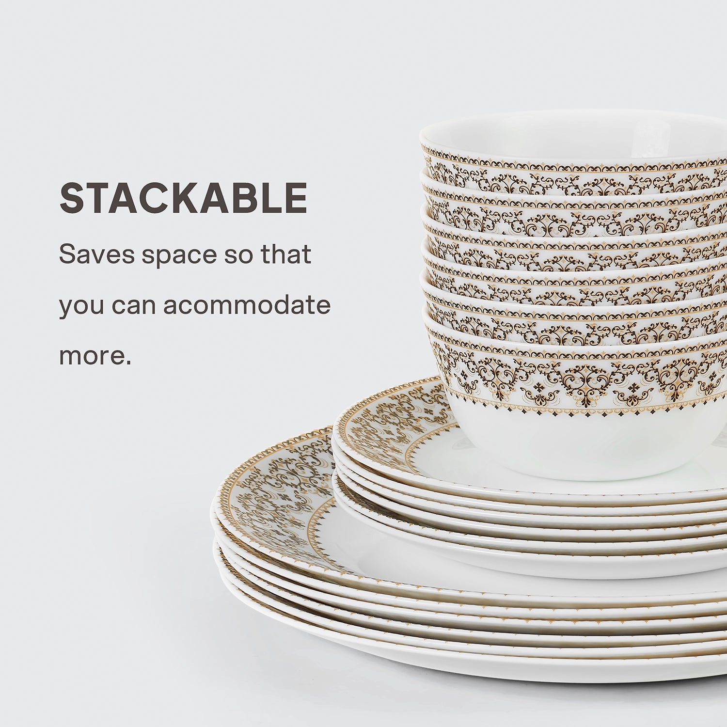 Solitaire Opalware Dinner Set, Ornate Gold 27 Pcs