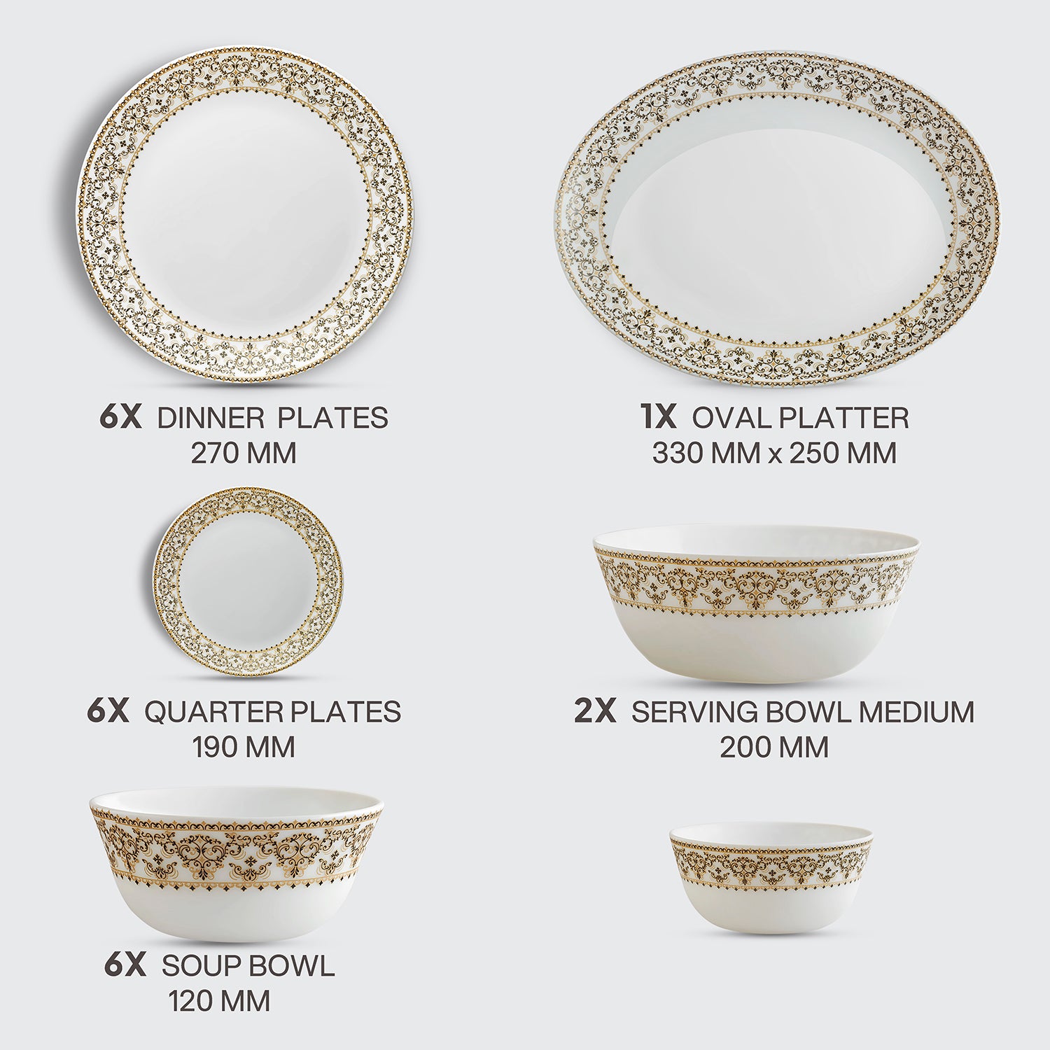 Solitaire Opalware Dinner Set, Ornate Gold 27 Pcs