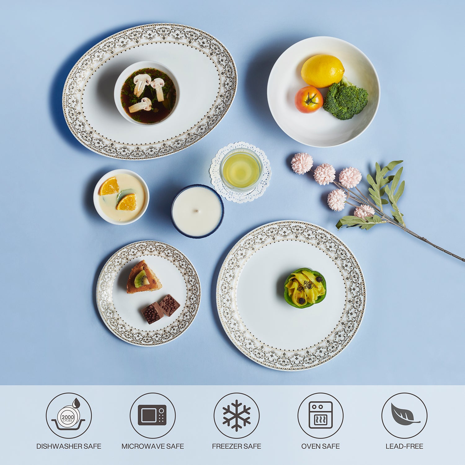 Solitaire Opalware Dinner Set, Ornate Gold 27 Pcs