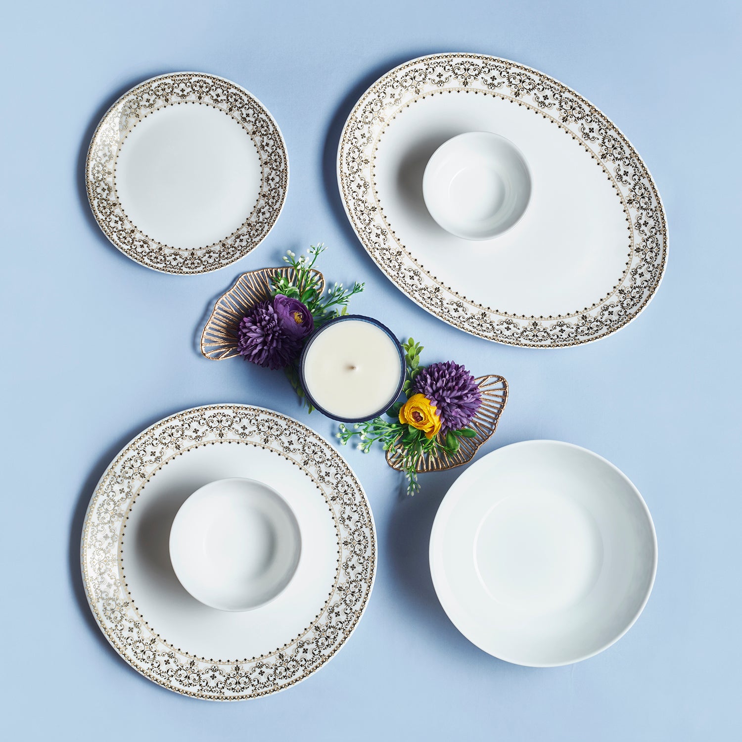 Solitaire Opalware Dinner Set, Ornate Gold 27 Pcs