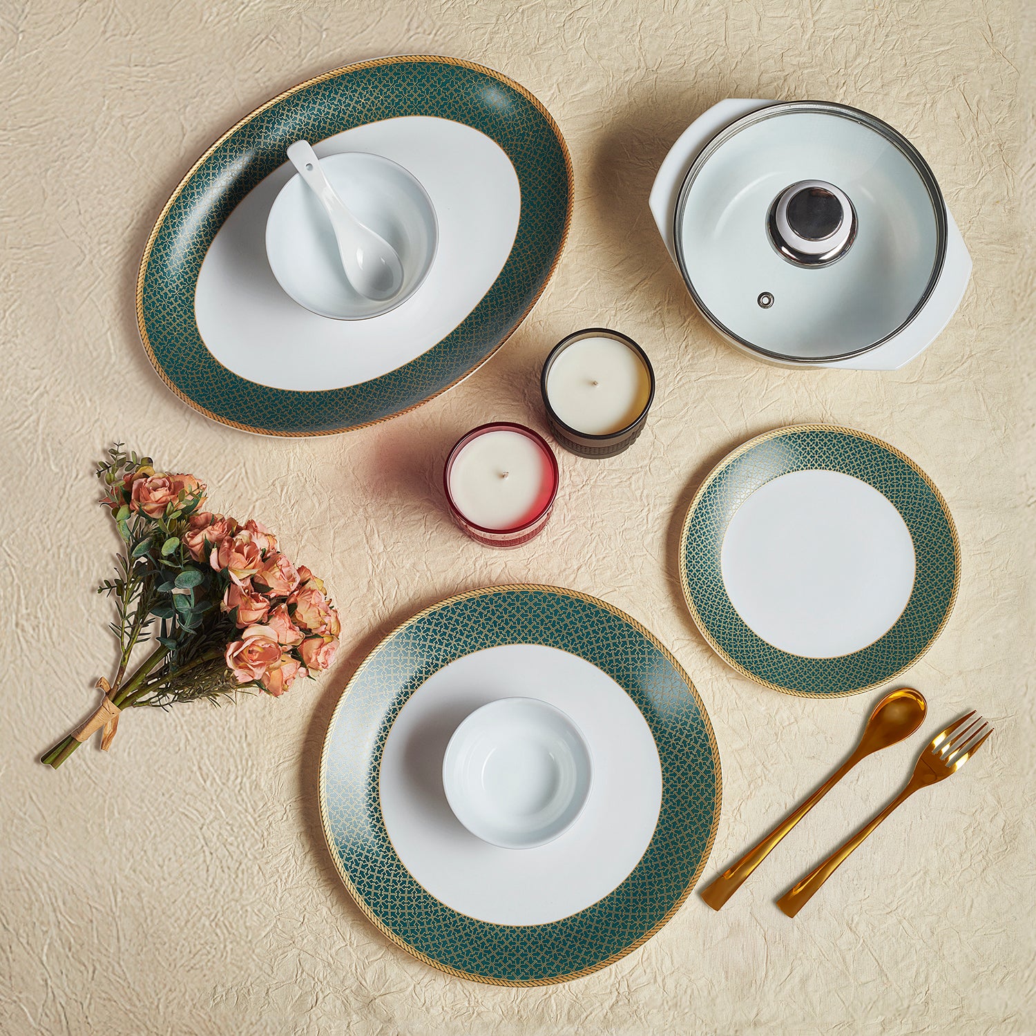Solitaire Opalware Dinner Set,  Emerald 35 Pcs