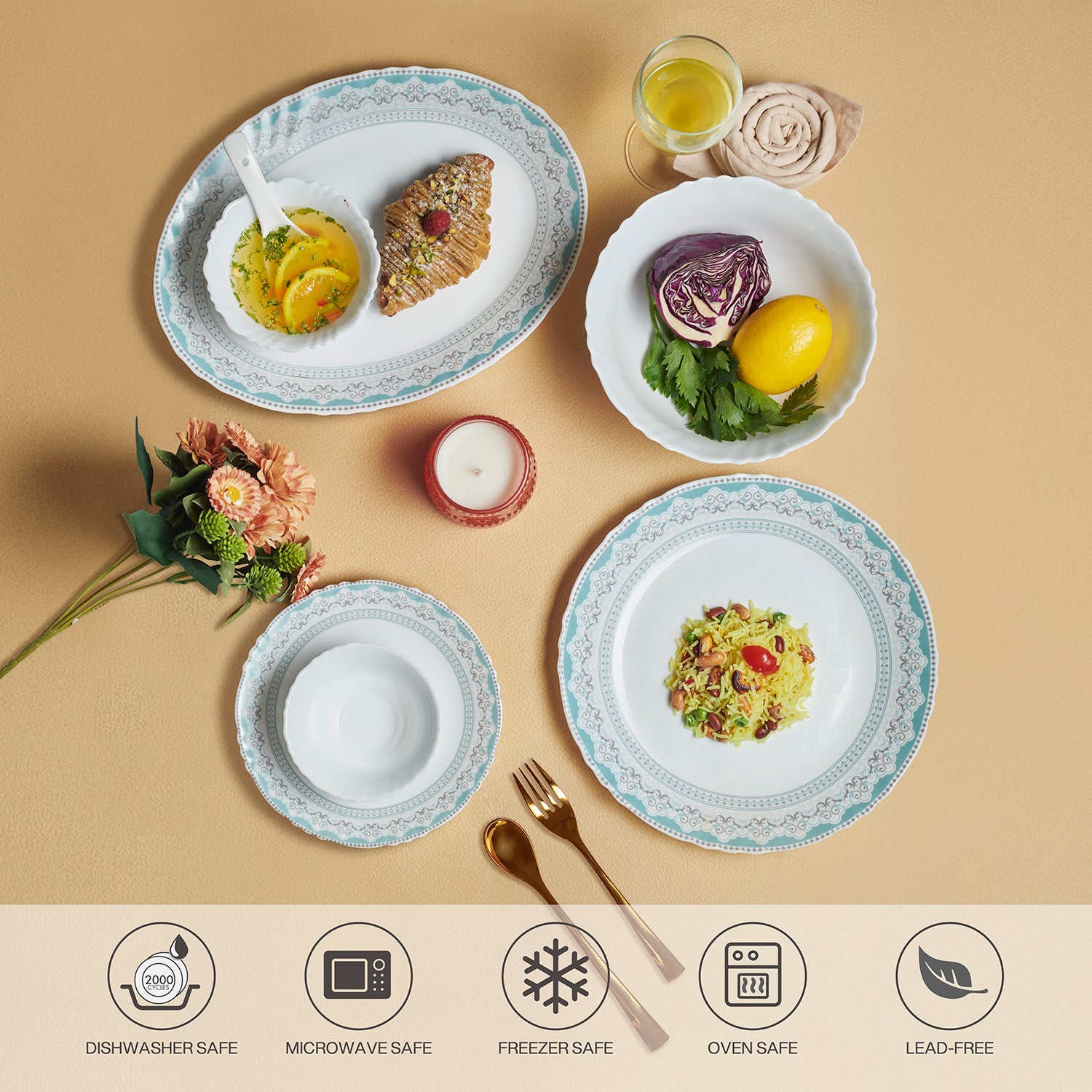 Imperial Plus Opalware Dinner Set, Celeste 33 Pcs