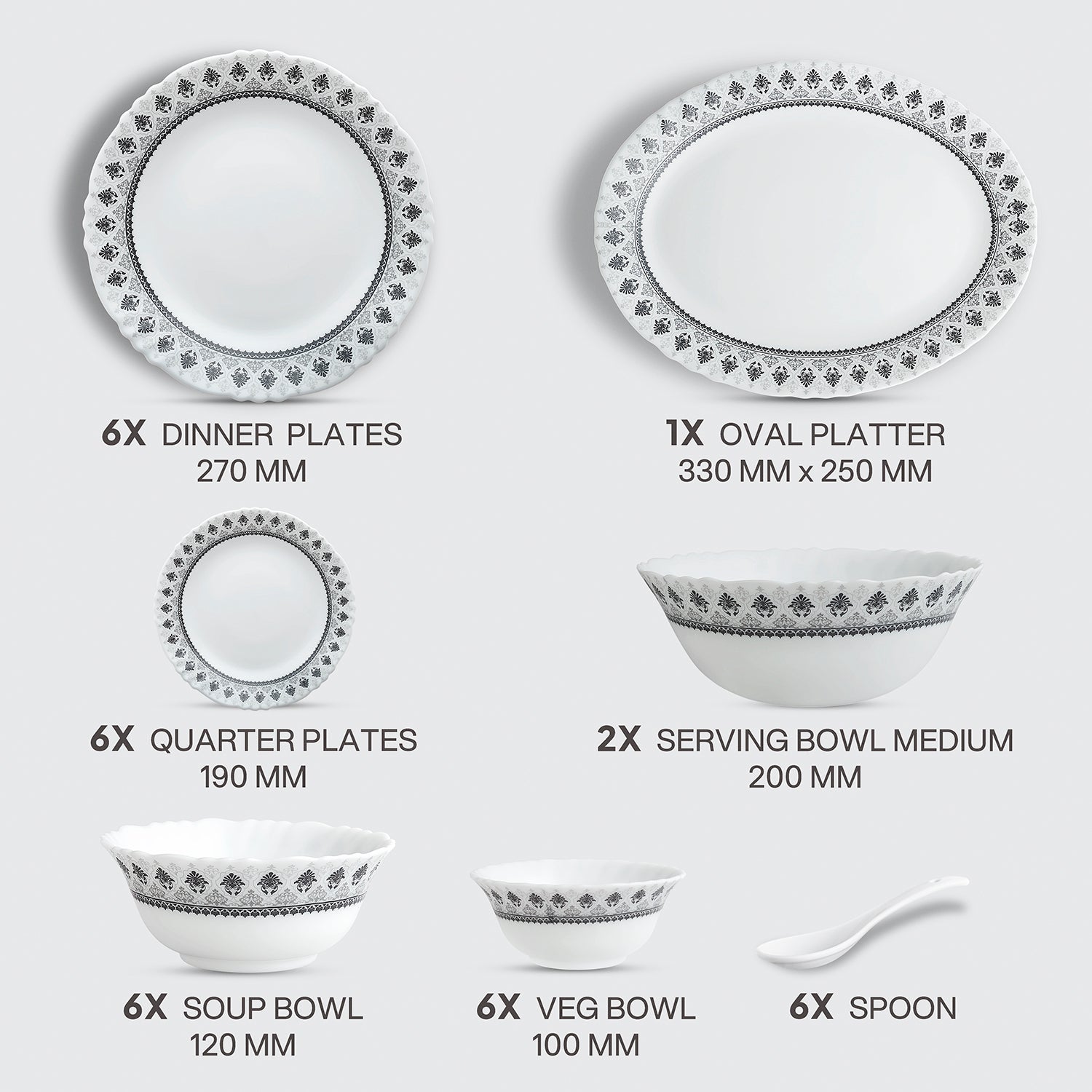 Imperial Plus Opalware Dinner Set, Damask 33 Pcs