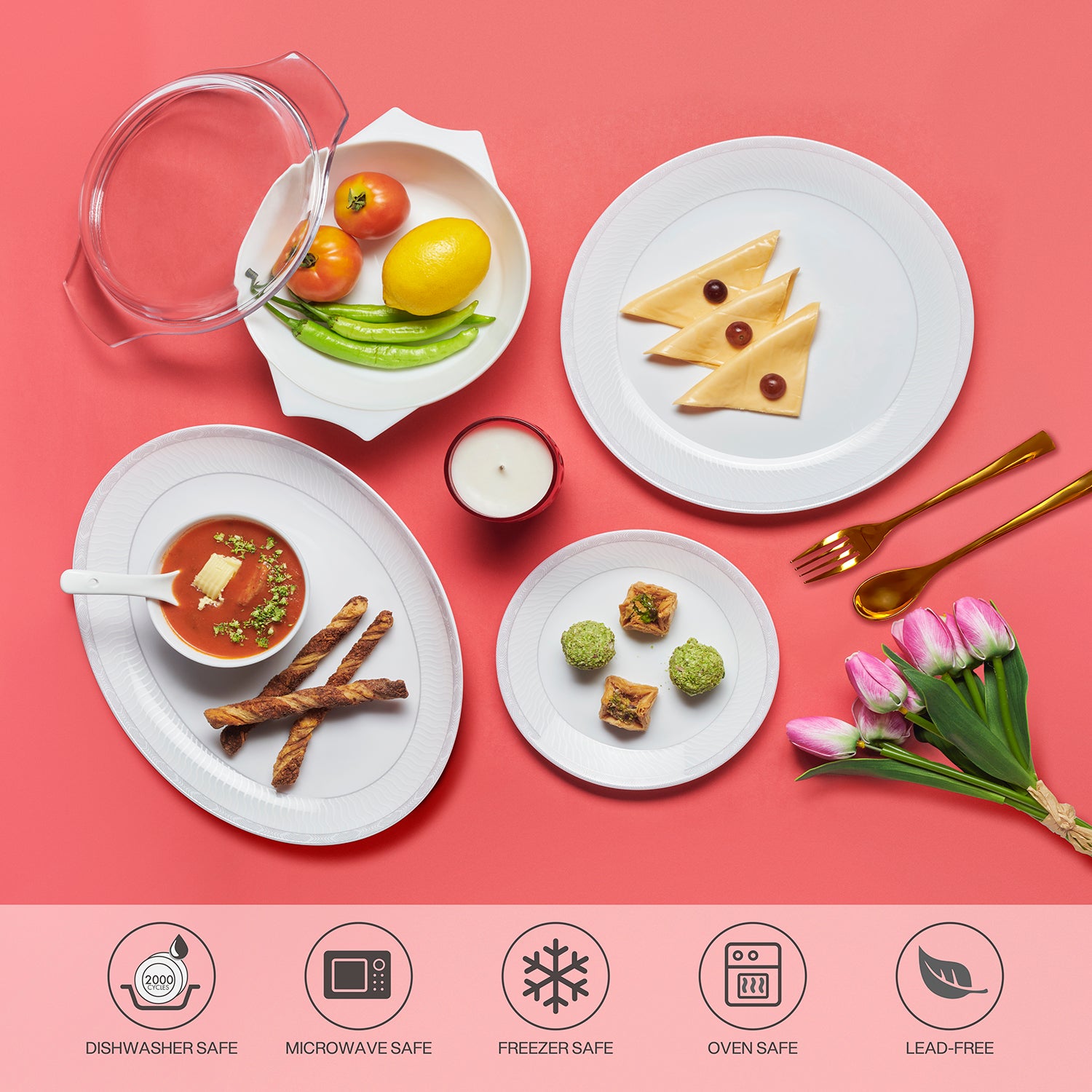 Feather Plus Opalware Dinner Set, Grace 35 Pcs