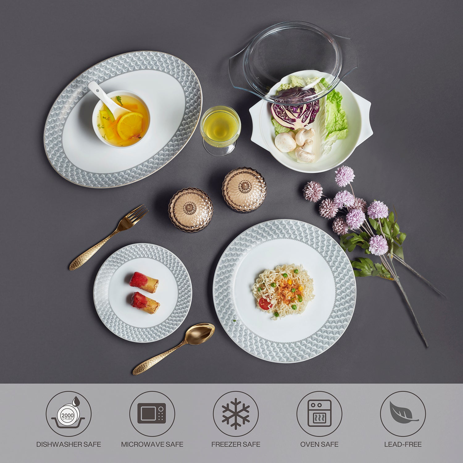 Amaze Plus Opalware Dinner Set, Pyramids 35 Pcs