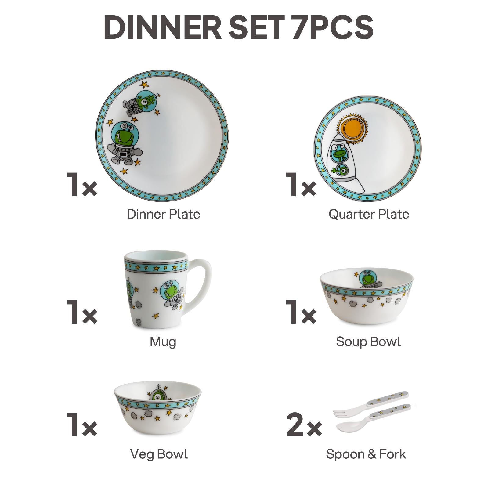 Kids Opal Dinner Set, 7 Pieces Alien Sprites / 7Pcs